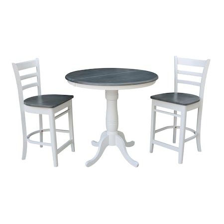 International Concepts Round 36 in Rd Extend Dining Table, 2 Emily Stools, White/Heather Gray, 36 W, 48 L, 35.3 in H, Wood K05-36RXT-6B-S6172-2